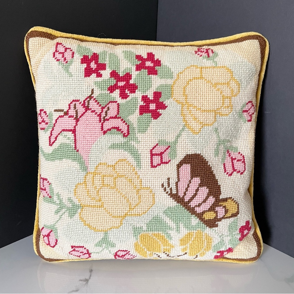 Vintage Floral & Butterfly Needlepoint Pillow
